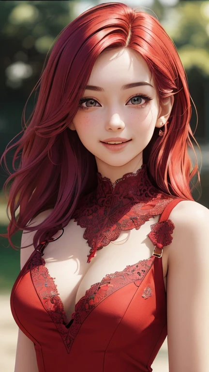 (best quality, masterpiece, perfect face, beautiful and aesthetic:1.2, colorful, dynamic angle, highest detailed face) coloured hair, 20 years old girl, medium , flirting on camera, cute smile, 35mm, bokeh, 9:16, (intricate details, hyperdetailed:1.15), detailed, light passing through hair (high contrast, official art, extreme detailed, highest detailed), lace top, red details, open chest blouse, elegant dress, 3/4 body view