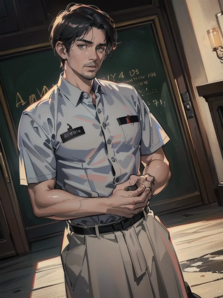 a 40 year old man (red short hair:1.0), grey eyes, moles all over the face, wearing an official uniform, masculinity, teacher, (best quality,4k,8k,highres,masterpiece:1.2),ultra-detailed,(realistic,photorealistic,photo-realistic:1.37),cinematic lighting,highly detailed face and body,sharp focus,vivid colors,anime style