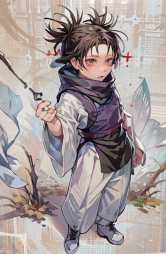 (highest quality, High resolution),  Detailed facial features, Symmetrical face, Perfect Skin, Black Hair, White Background, Beautiful details, 1 male, Young people, （Brown eyes:1.5）, Purple Eyeshadow, Delicate eyes and face, Purple kimono、(Chibi Character)、boots、cute