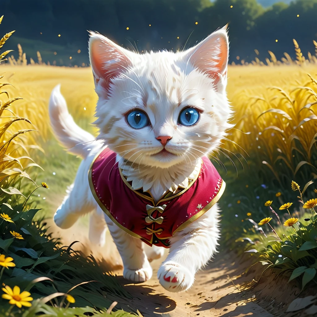 C4tt4stic, historical background is medieval Europe, (anthropomorphic blue-eyed white kitten), (wearing Swiss women's national costume), red vest, (((yellow short-sleeved shirt))), dark pink skirt, barefoot, surrounded by fine light particles, illustration of small cute creature, running around in the field, fantasy art, exquisite details, Jean-Baptiste Monge style, Alan Lee style, movie scene, dramatic shot angle, atmospheric particles, realistic, raw cinematic photorealism, action portrait, 8k, detailed, full frame