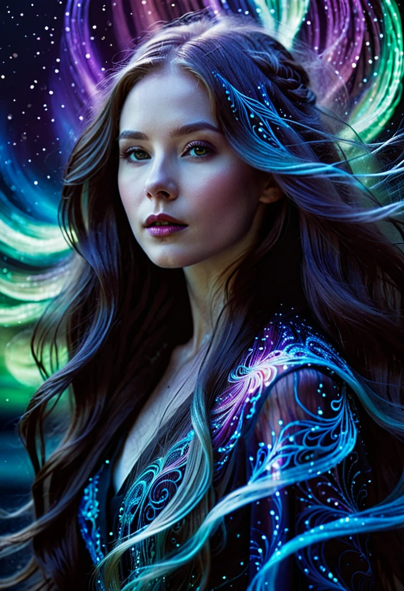 a photograph of a female character with long, flowing hair that appears to be made of ethereal, swirling patterns resembling the Northern Lights or Aurora Borealis. The background is dominated by deep blues and purples, creating a mysterious and dramatic atmosphere. The character's face is serene, with pale skin and striking features. She wears a dark-colored outfit with subtle patterns. The overall style of the photograph is reminiscent of fantasy or supernatural genres, raw photography, depth of field