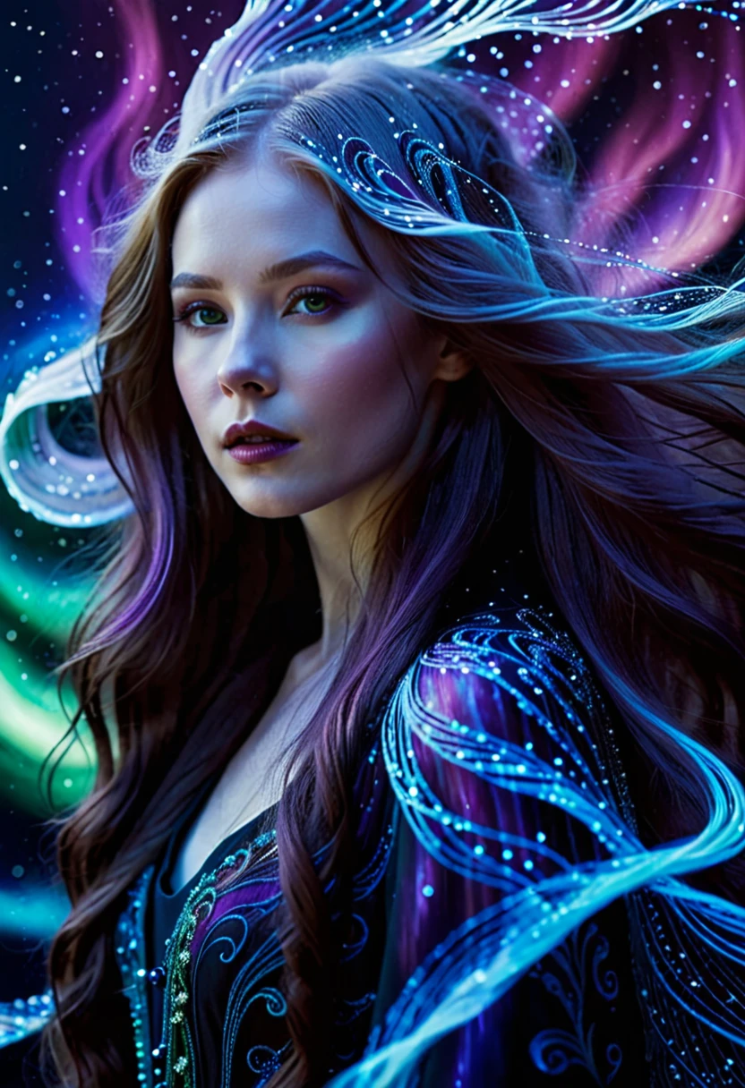 a photograph of a female character with long, flowing hair that appears to be made of ethereal, swirling patterns resembling the Northern Lights or Aurora Borealis. The background is dominated by deep blues and purples, creating a mysterious and dramatic atmosphere. The character's face is serene, with pale skin and striking features. She wears a dark-colored outfit with subtle patterns. The overall style of the photograph is reminiscent of fantasy or supernatural genres, raw photography, depth of field