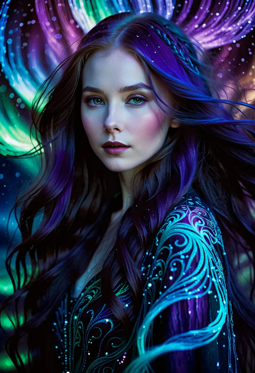 a photograph of a female character with long, flowing hair that appears to be made of ethereal, swirling patterns resembling the Northern Lights or Aurora Borealis. The background is dominated by deep blues and purples, creating a mysterious and dramatic atmosphere. The character's face is serene, with pale skin and striking features. She wears a dark-colored outfit with subtle patterns. The overall style of the photograph is reminiscent of fantasy or supernatural genres, raw photography, depth of field