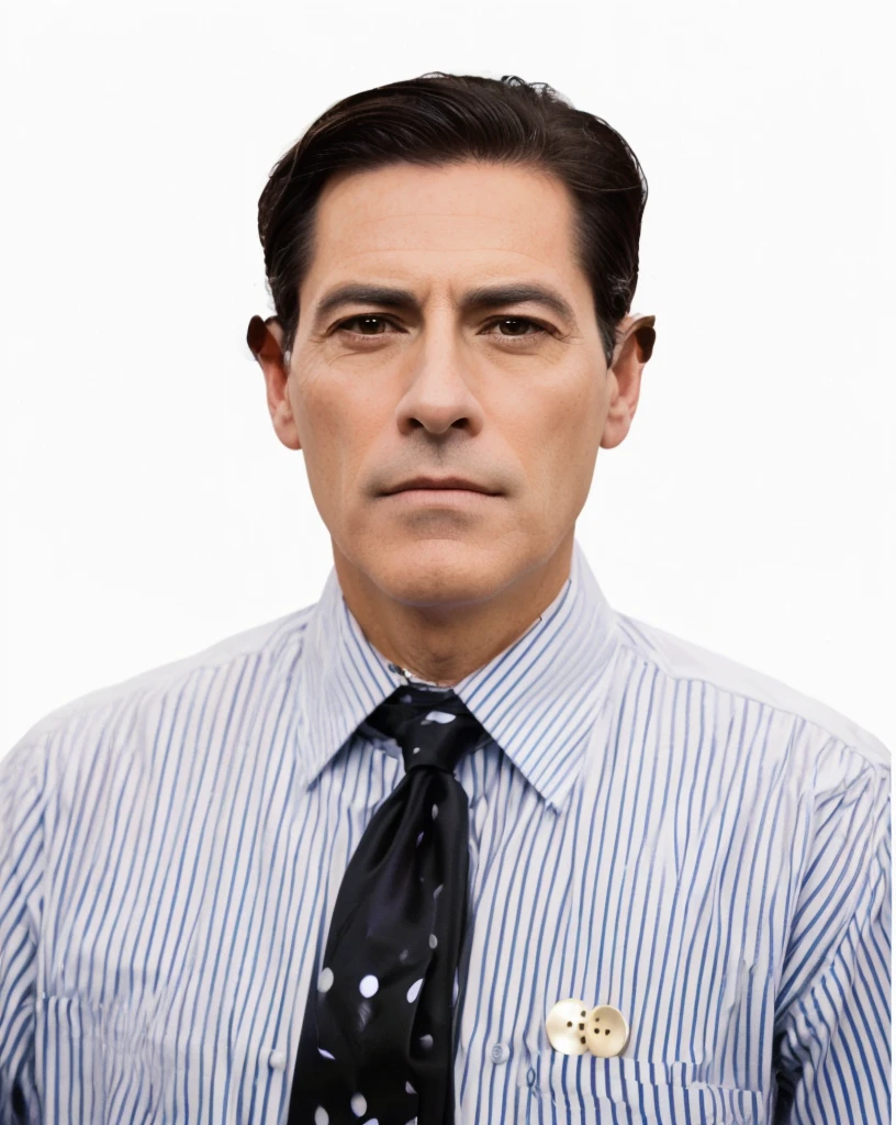 there is a man with a tie and a button on his shirt, agent cooper, retrato de estudio realista, Dale Cooper, inspired by Joaquín Torres García, una foto coloreada, sharp looking portrait, inspired by Carlos Saenz de Tejada, araki, with serious expression on face, mohamed chahín, foto de retrato realista, retrato norte - 9, retocado