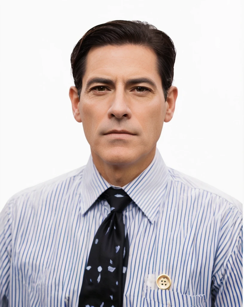 there is a man with a tie and a button on his shirt, agent cooper, retrato de estudio realista, Dale Cooper, inspired by Joaquín Torres García, una foto coloreada, sharp looking portrait, inspired by Carlos Saenz de Tejada, araki, with serious expression on face, mohamed chahín, foto de retrato realista, retrato norte - 9, retocado