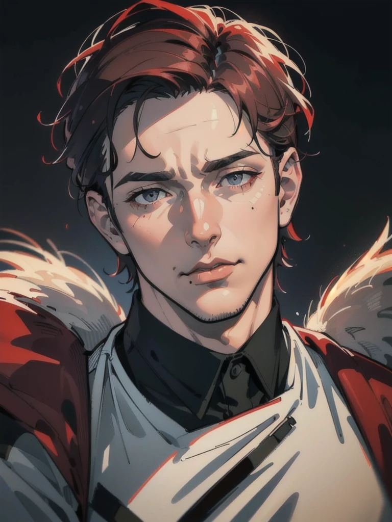 Masterpiece, Best quality, High quality, A high resolution,
(Bloodline Long:1.1), Bloodline Long suit, Solo, Short hair,(1boy:1.2), Male focus, Light particles, Pupil of the slit, (aged up:1.3), facial closeups, Smoking, grin,
