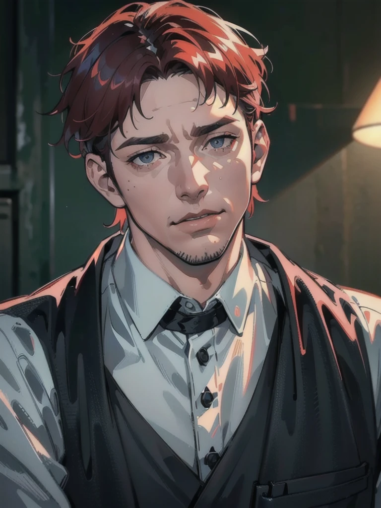 a 40 year old man (red short hair:1.0), grey eyes, moles all over the face, wearing an official uniform, masculinity, teacher, (best quality,4k,8k,highres,masterpiece:1.2),ultra-detailed,(realistic,photorealistic,photo-realistic:1.37),cinematic lighting,highly detailed face and body,sharp focus,vivid colors,anime style