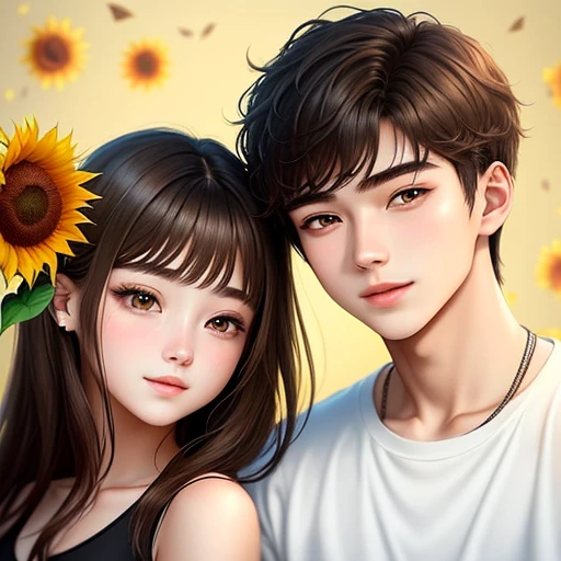 Sunflower theme
20-year-old boy and 18-year-old girl and.  Detailed face, double eyelid, hot vibes. Handsome-cool-warm-boy with brown hair and hot-seductive-sexy-cute-beautiful-girl with black hair and blushing face. Intimate vibes. 