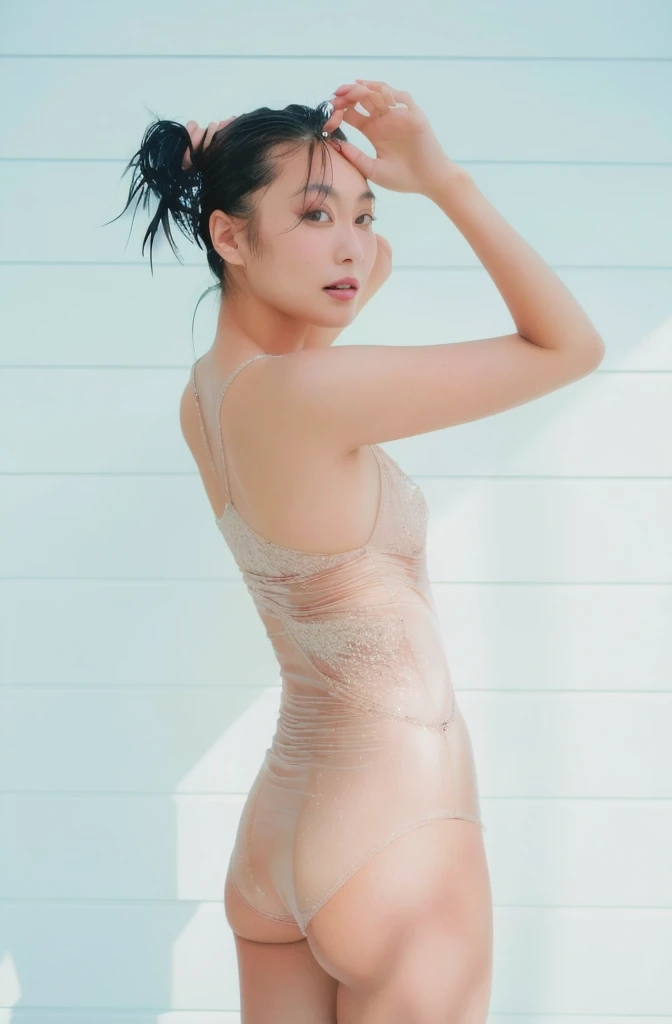 a close up of a woman in a sheered bodysuit posing, kiko mizuhara, yasumoto oka, chiho ashima, translucent body, young skinny gravure idol, young sensual gravure idol, Yoshitomo Nara, kimi takemura, shiori teshirogi, young pretty gravure idol