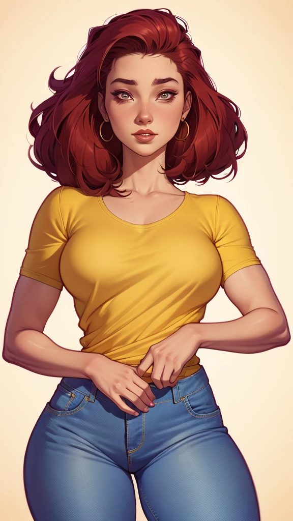 um desenho de uma mulher de jeans e blusa amarela, Estilo de arte de Charlie Bowater, arte do personagem Charlie Bowater, estilo artgerm, retrato de personagem de corpo inteiro, artgerm e lois van baarle, estilo de charlie bowater, retrato de corpo inteiro de um curta!, Lois van Baarle e Rossdraws