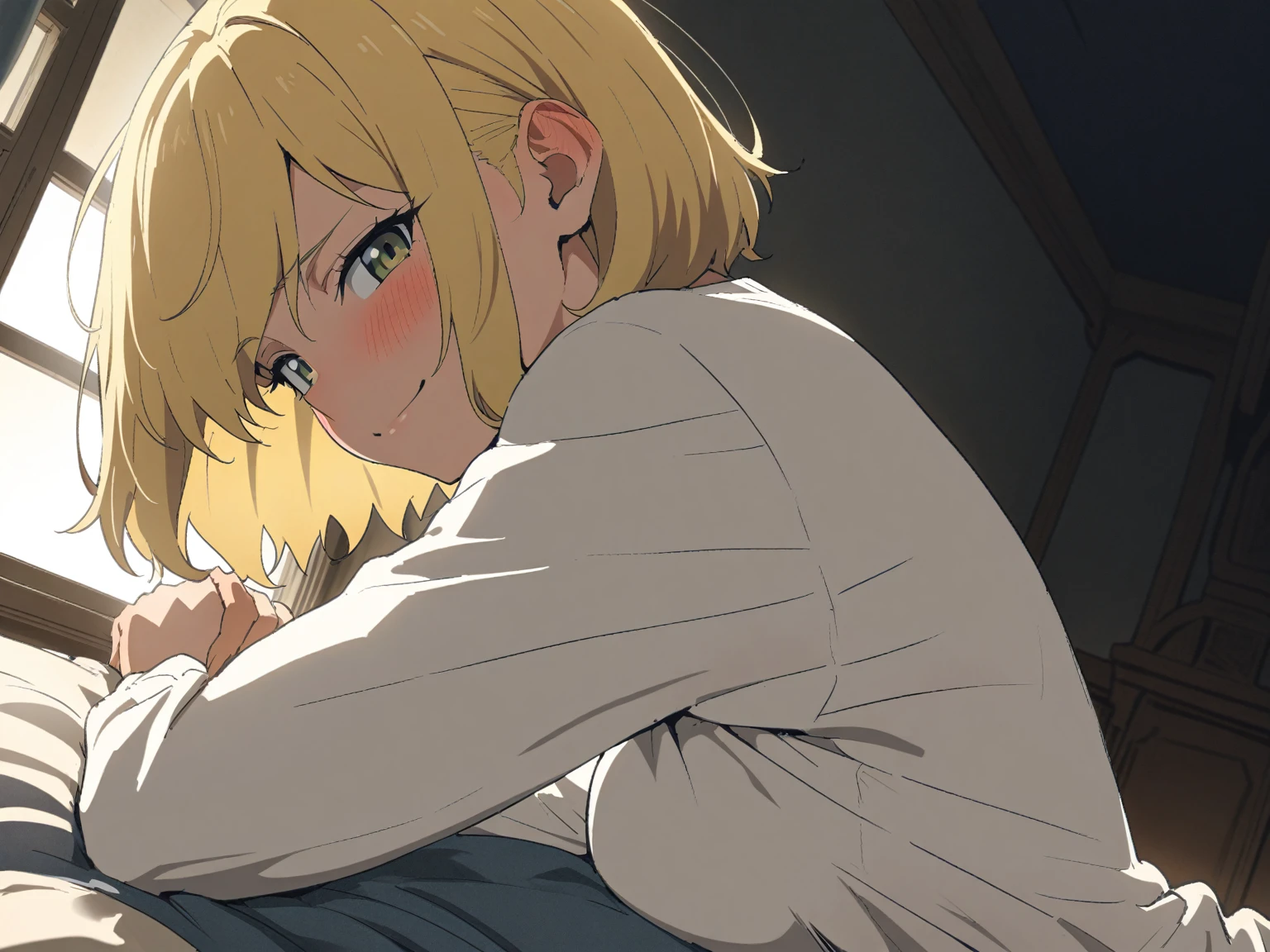 {{cowboy shot, sideways, pov, from side}} {{Artist: Sincos}} 1girl, solo, muscular female, mature female, androgynous, tomboy, gentle smile, blush, blonde hair, very short hair, bob cut, green eyes, white shirt, palace bedroom, indoors, on bed, looking at viewer, pov, night, moonlight from window, beautiful, medieval fantasy.
