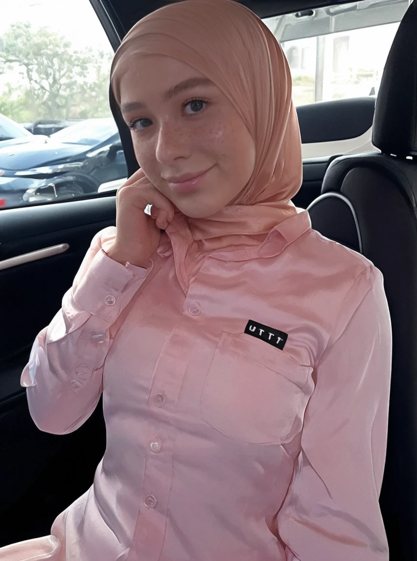 (closeup face selfie, young female, smirk, botox), rok panjang, (looking at viewer:1.2), (peach thin satin button shirt:1.3), (wearing a hijab:1.3), 25 years old, (sit on seat in a car:1.5), (, slim thin body, puffy nipples:1.2), (((realistic, blur, from buttom,)))