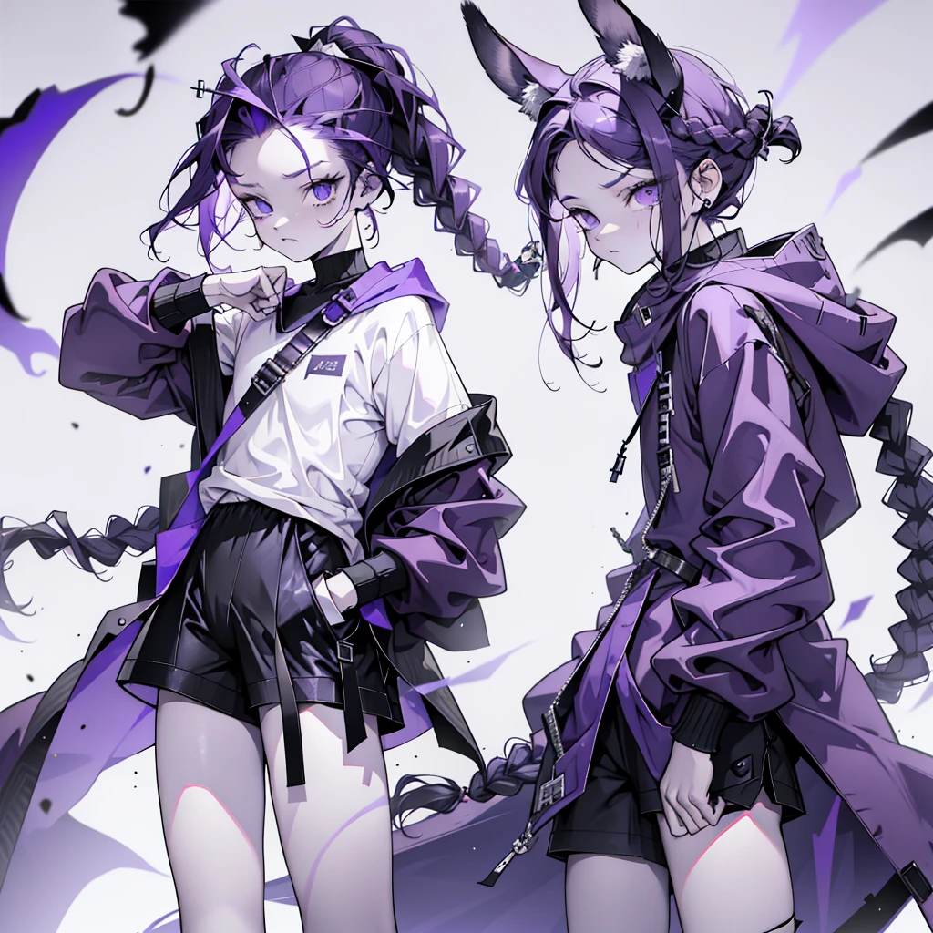 boy. thoughtful look. open forehead. black and purple hair tied in a bun on the left side to one side. sinuous black horns wrapped in dark purple ribbon. pale violet eyes. in short dark purple shorts. long white T-shirt. dark purple knee-high socks. dark_purple long coat with hood. древние dark_purple stone walls purple light from lamps