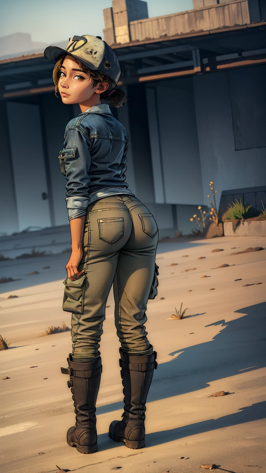 ((masterpiece, best quality)),(complex lighting) ,solo,(((1girl))) ,clementine, light skin,light-skinned female, baseball cap, green cargo pants, brown eyes, tight pants, combat boots, shirt, short hair, one short ponytail, open denim jacket, huge butt, thicc butt , (((8k))), (((full body))), (((bent over))), (((looking at the viewer))), cameltoe