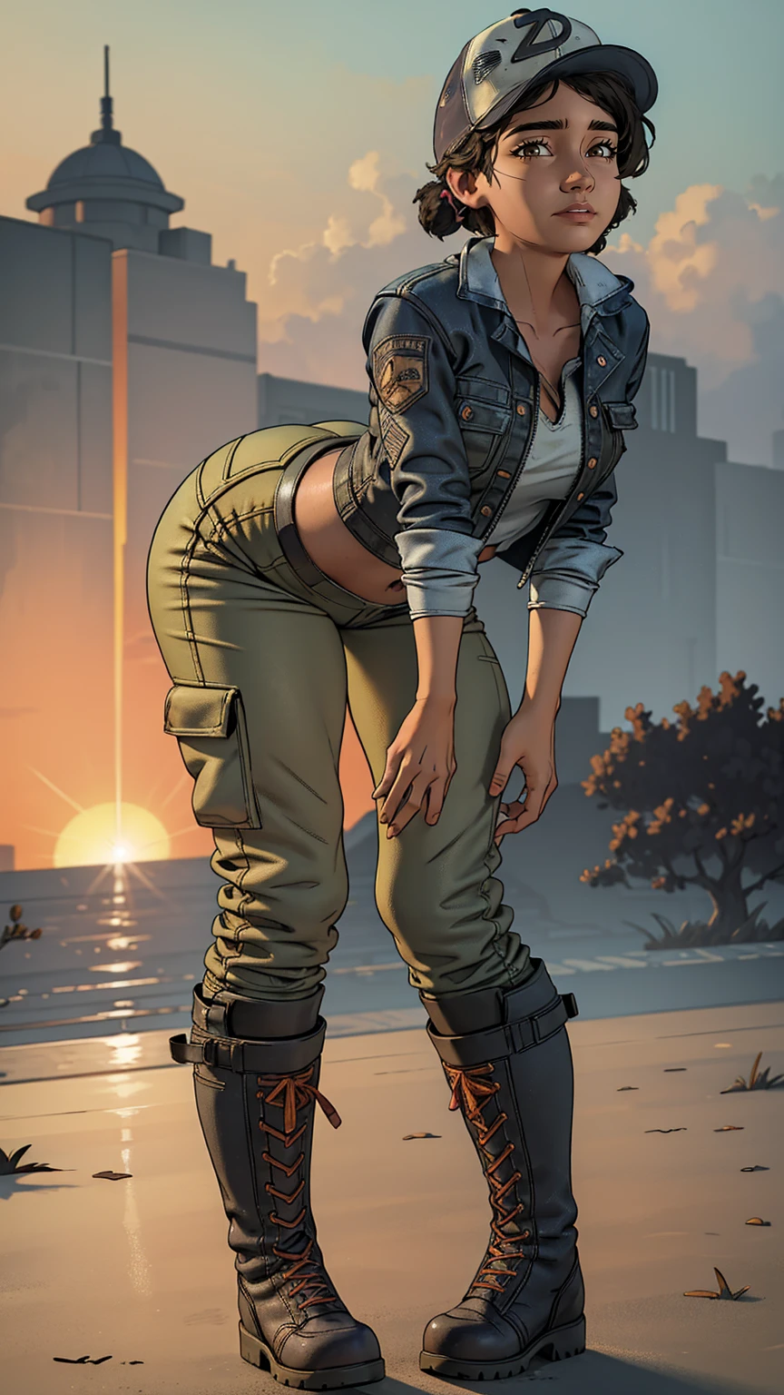 ((masterpiece, best quality)),(complex lighting) ,solo,(((1girl))) ,clementine, light skin,light-skinned female, baseball cap, green cargo pants, brown eyes, tight pants, combat boots, shirt, short hair, one short ponytail, open denim jacket, huge butt, thicc butt , (((8k))), (((full body))), (((bent over))), (((looking at the viewer))), cameltoe