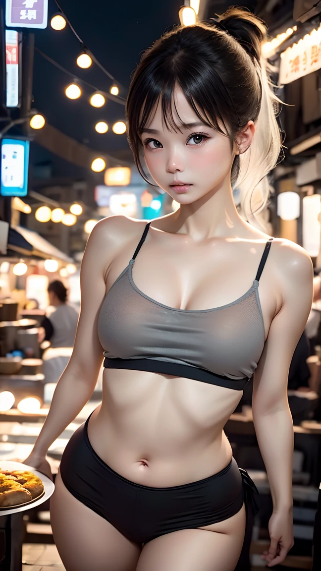one girl、Ash gray hair、charming eyes、shortcut、ponytail、plump lips、camisole、beautiful skin、small breasts、breasts are small、night time、Street food stalls in Taiwan、The stuffy heat、everyday city、RAW photo、highest quality、ultra high resolution、high resolution、master piece:1.3、8k、professional photographer、