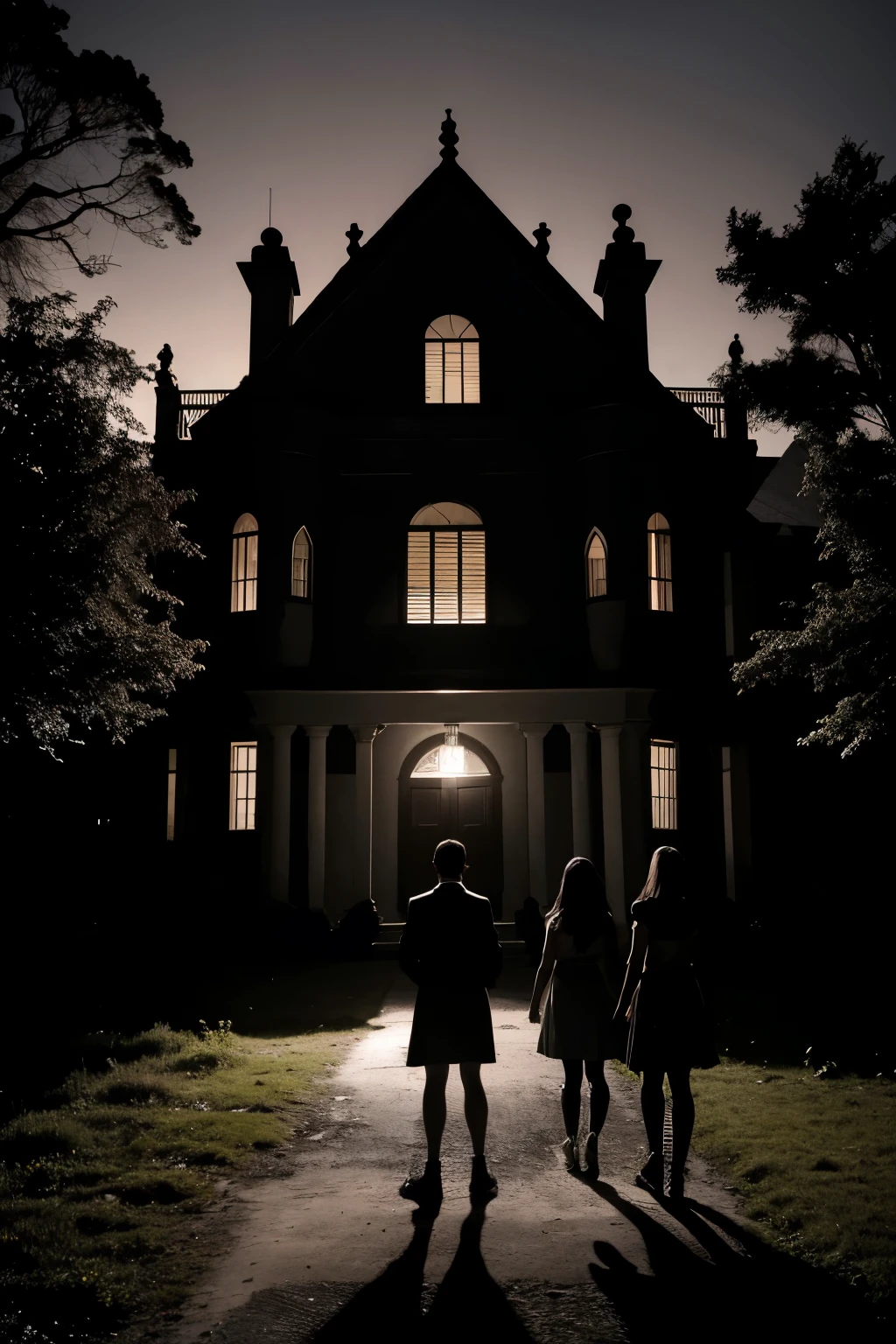 Nesta capa, we see a silhouette of a group of agers in front of the abandoned mansion, their figures obscured by darkness.
The title "deep darkness" aparece em letras sangrentas, como se estivessem esculpidas na madeira, adding a macabre touch to the cover.
Below the title, em uma fonte mais simples, the subtitle "The Mystery of the Abandoned Mansion" is displayed in a lighter color for greater readability.
The background of the cover is dark, com sombras se estendendo pela paisagem, creating a feeling of suspense and tension, escrever na capa The Mystery of the Abandoned Mansion
