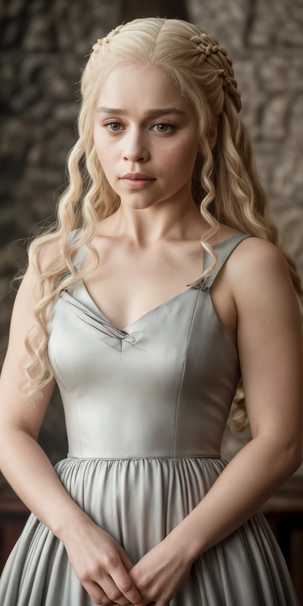 masterpiece, stunning portrait photo of khls woman, sleeveless, erotic costumes, sensual satin dress, game of thrones inspired costumes,