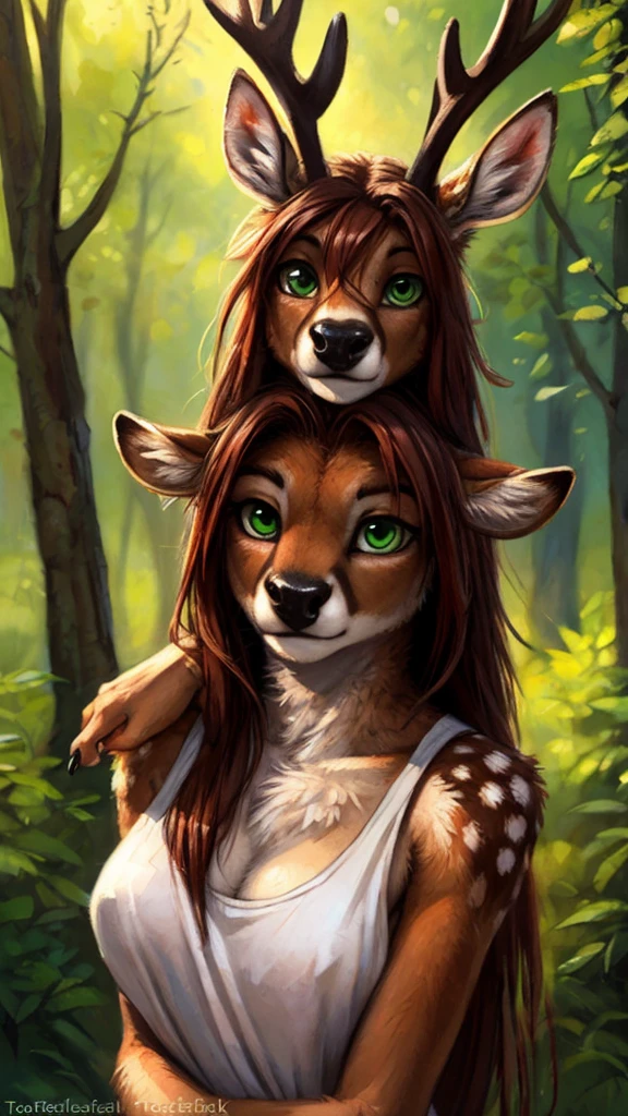 by kenket, by totesfleisch8, (by thebigslick, by silverfox5213:0.8), (by syuro:0.2), by tom_fischbach,, (best quality, masterpiece:1), solo, furry female anthro, green eyes, long hair, reddish brown hair, portrait, fingers, finger claws, looking at viewer, deer, (outdoors dark forest trees blurry blurred background:1.1), featureless_breasts, dressed in a white tanktop.