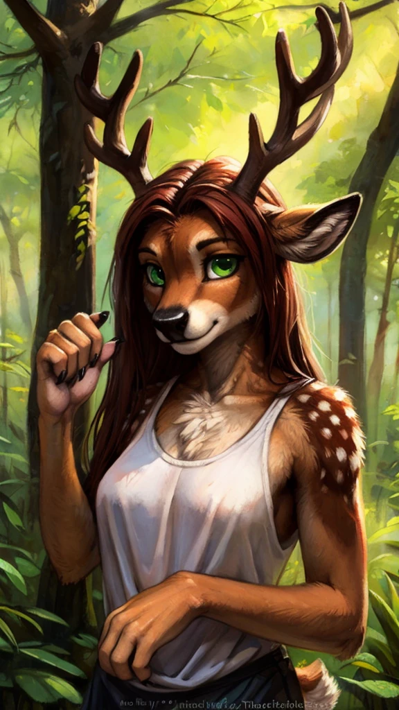 by kenket, by totesfleisch8, (by thebigslick, by silverfox5213:0.8), (by syuro:0.2), by tom_fischbach,, (best quality, masterpiece:1), solo, furry female anthro, green eyes, long hair, reddish brown hair, portrait, fingers, finger claws, looking at viewer, deer, (outdoors dark forest trees blurry blurred background:1.1), featureless_breasts, dressed in a white tanktop.