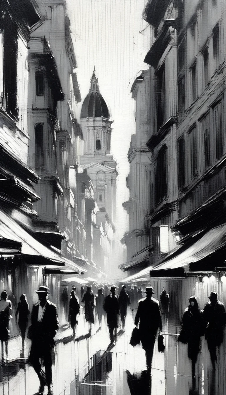 the bustling city, black and white image, inspired in Roma (art inspired by Bill Sienkiewicz). oil painting, details of brush strokes that enhance depth)
