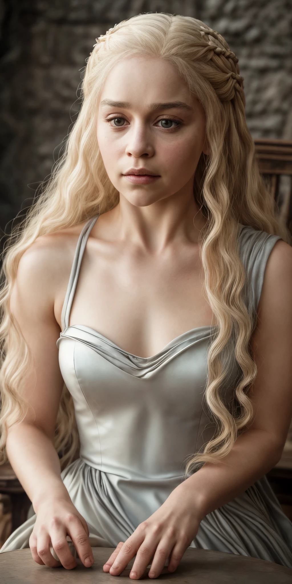 masterpiece, stunning portrait photo of khls woman, sleeveless, erotic costumes, sensual satin dress, game of thrones inspired costumes, 
  