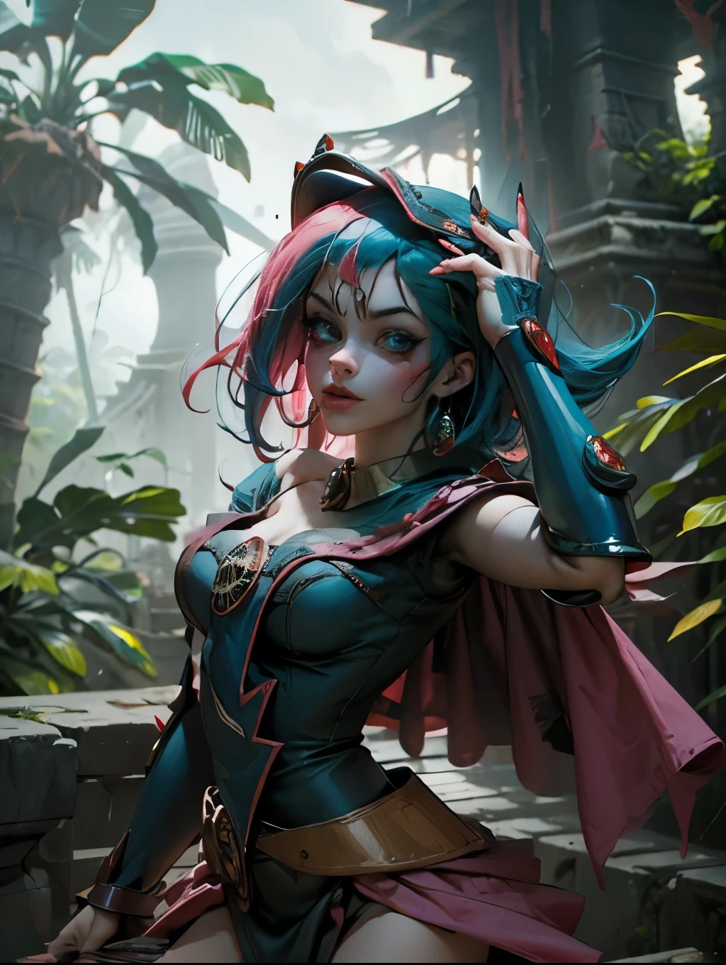 Hermosa y sensual dark magician gils vestida como Harley Quinn. pelo rojo y azul. Labios rojos. Ojos azules. Fondo de ruinas MAYAS De TIKAL. en medio de la selva . Ruina maya de Tikal. Pose amistosa