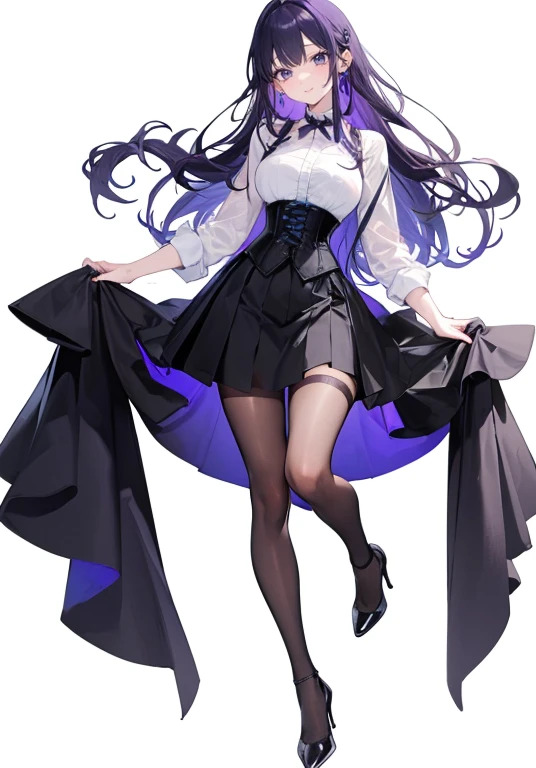 Purple Hair,Long Hair,Adult female,White Y-shirt,((Roll up her sleeves)),(((Roll up your sleeves))),(corset),(Black tight skirt),(High heels),((A simple, blank white background)),smile,((full body)),((whole body)),
