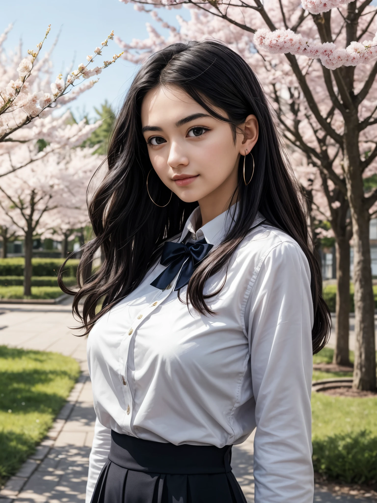 The photograph of girl standing confidently in the school courtyard, surrounded by blooming cherry blossom trees. She is wearing her with a hint of elegance—a neatly pressed blazer over a crisp white shirt. Her long, flowing hair catches the sunlight, framing her face with soft curls. girl's expression is thoughtful yet approachable, embodying her poised demeanor and natural charisma. In the background, classmates can be seen chatting and laughing, reflecting girl's popularity and respected presence among her peers. girl is arabs, very long straight black hair, (thick eyebrows:0.8), huge breasts, (warm skin undertone), black eyes, wide eyes, middle parted hair, v-shaped eyebrows, (v-shaped eyes, tsurime),