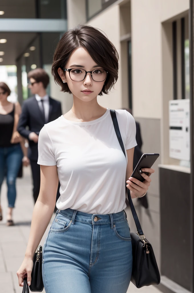 A woman with short dirty hair and white glasses using her cell phone