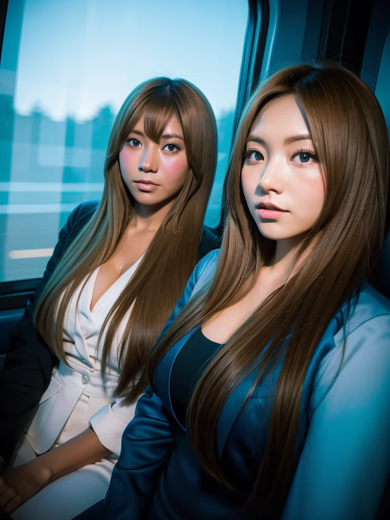 2gyaru, dark-skinned, working hard, sony a7, 35mm Lens, f1.8, film grain, blue hour, soft lighting, photorealistic,Night on the Galaxy Express、Constellations in the night sky seen from the train window