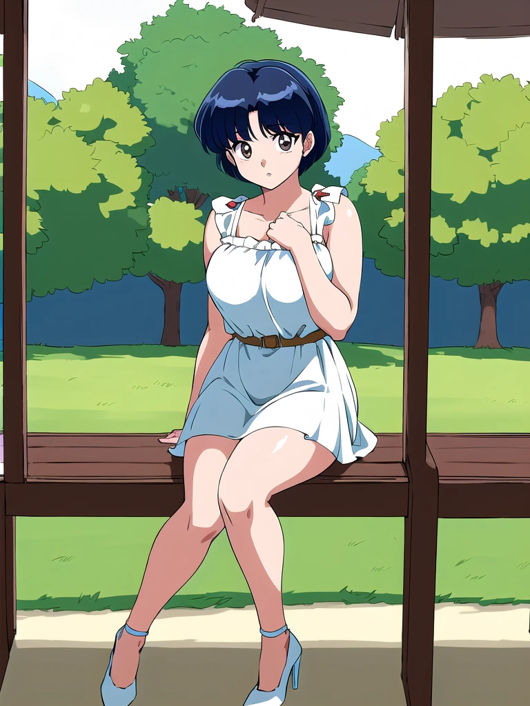 HDR, CG, sharp focus, (8k), (4k), masterpiece, best quality, detailed skin, extremely detailed, hiper detailed, sharp focus, looking at viewer, high quality, AKANE, Akane tendou, short hair, blue hair, brown eyes ,curtain pelvic DRESS, tetas grandes bush, solo, 1girl, sit on bench, park background, hands on chest, heels, white dress,
