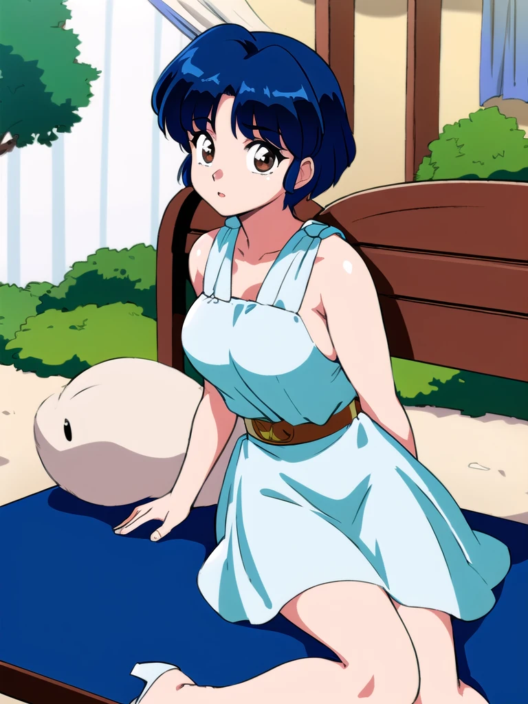 HDR, CG, sharp focus, (8k), (4k), masterpiece, best quality, detailed skin, extremely detailed, hiper detailed, sharp focus, looking at viewer, high quality, AKANE, Akane tendou, short hair, blue hair, brown eyes ,curtain pelvic DRESS, tetas grandes bush, solo, 1girl, sit on bench, park background, hands on chest, heels, white dress,
