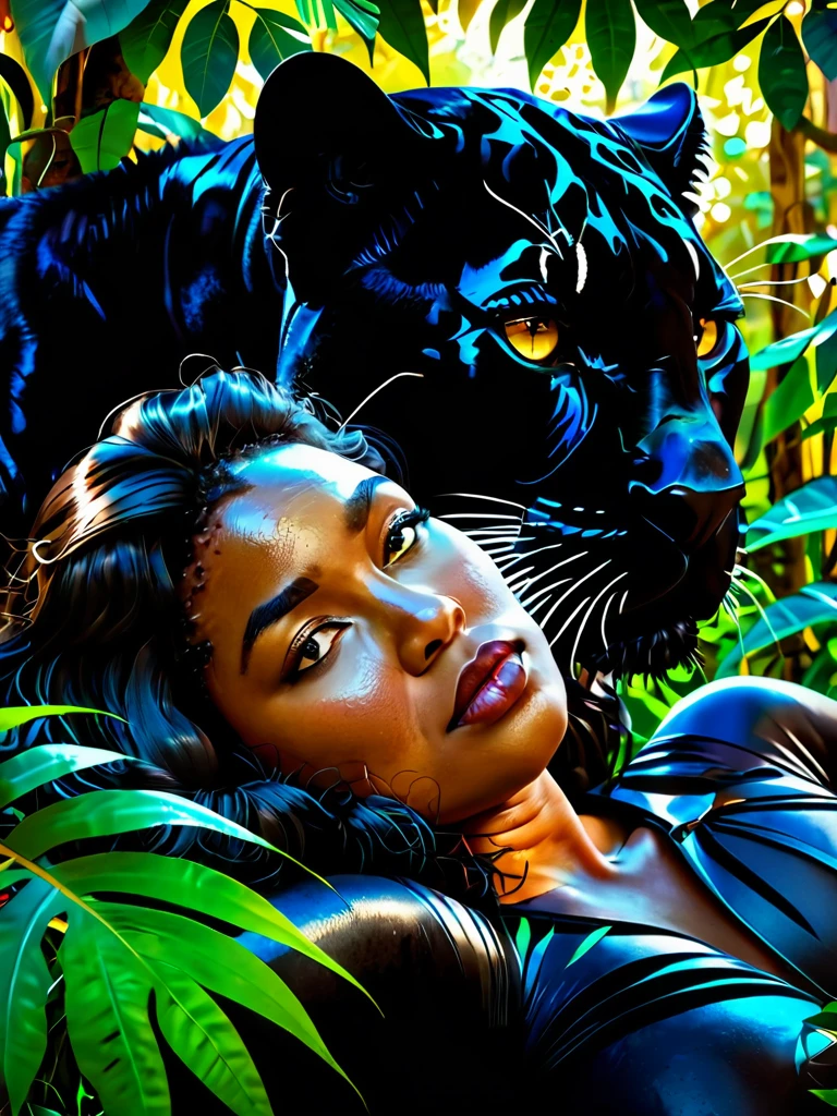 a curvy figure woman with a wild cat, a black panther lying in the shade of a tree, aadult woman lying next to her hugging the panther, the Amazon jungle, (best quality,8k,highres,masterpiece:1.2),ultra-detailed,photorealistic,photo-realistic:1.37,HDR,UHD,studio lighting,extreme detail description,vivid colors,lush tropical forest,sunlight filtering through leaves,dramatic lighting,sense of wonder and adventure,peaceful coexistence