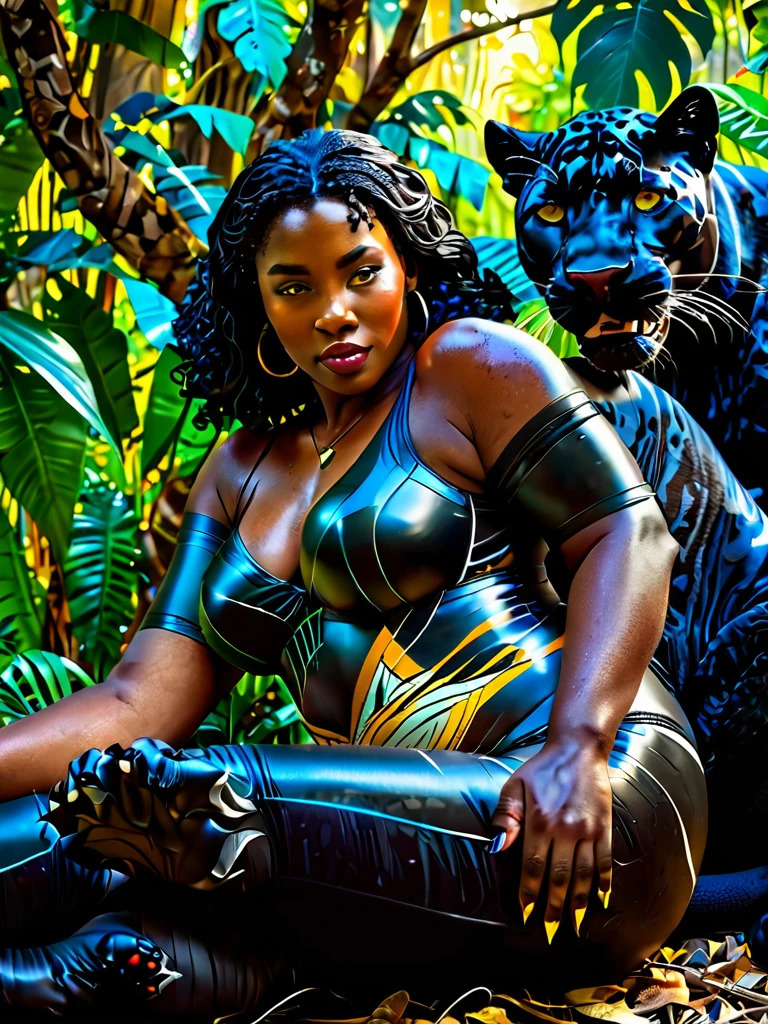 a curvy figure woman with a wild cat, a black panther lying in the shade of a tree, aadult woman lying next to her hugging the panther, the Amazon jungle, (best quality,8k,highres,masterpiece:1.2),ultra-detailed,photorealistic,photo-realistic:1.37,HDR,UHD,studio lighting,extreme detail description,vivid colors,lush tropical forest,sunlight filtering through leaves,dramatic lighting,sense of wonder and adventure,peaceful coexistence