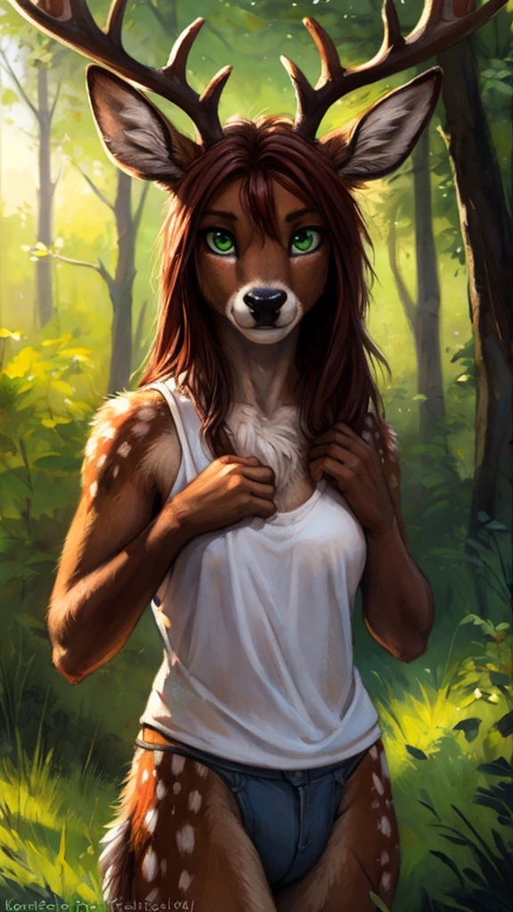 by kenket, by totesfleisch8, (by thebigslick, by silverfox5213:0.8), (by syuro:0.2), by tom_fischbach,, (best quality, masterpiece:1), solo, furry female anthro, green eyes, long hair, reddish brown hair, portrait, fingers, finger claws, looking at viewer, deer, (outdoors dark forest trees blurry blurred background:1.1), featureless_breasts, dressed in a white tanktop.