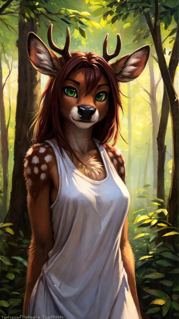 by kenket, by totesfleisch8, (by thebigslick, by silverfox5213:0.8), (by syuro:0.2), by tom_fischbach,, (best quality, masterpiece:1), solo, furry female anthro, green eyes, long hair, reddish brown hair, portrait, fingers, finger claws, looking at viewer, deer, (outdoors dark forest trees blurry blurred background:1.1), featureless_breasts, dressed in a white tanktop.