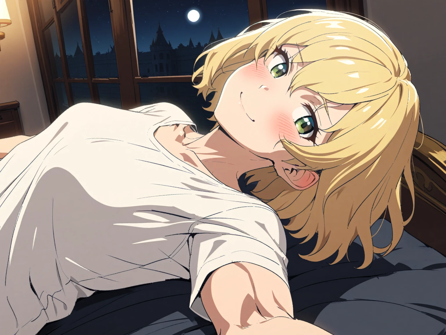 {{cowboy shot, sideways, pov, from side}} {{Artist: Sincos}} 1girl, solo, muscular female, mature female, androgynous, tomboy, gentle smile, blush, blonde hair, very short hair, bob cut, green eyes, flat chest, white shirt, palace bedroom, indoors, on bed, looking at viewer, pov, night, moonlight from window, beautiful, medieval fantasy.
