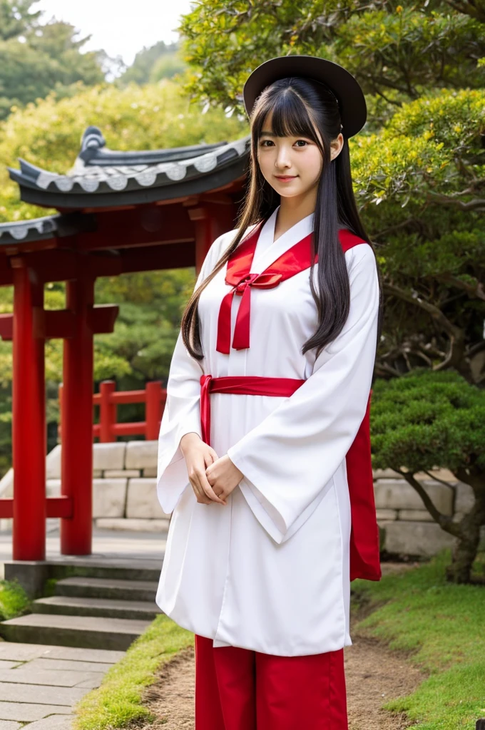 Red hakama, red Japanese style pants, the lower half of the costume is red, Main hall of the shrine, Shrine maiden, ((full body)), ((photo)), ((best qualtiy, 8K, tmasterpiece: 1.3)), Focus: 1.2, perfect figure beautiful girl: 1.4, 1girl, cowboy shot, look at viewer, incredibly absurd, beautiful and cute girl with a photorealistic face, showcasing top-quality craftsmanship, Japanese girl sweeping the garden at the shrine, , Her hair is half-up with smooth curls, glossy jet black long hair, Gentle features, Big deep brown eyes, Small face, Fair skin, Translucent, Smooth and silky skin, Natural eyebrow shape, Thin lips, Soft smile,, delicate, Well-balanced proportions, B cup small breasts, Simple and elegant shrine maiden costume, White robe and red hakama,, Beautiful girl, Clean, Healing, Moe, Elegant manners, Kind, Tolerant, Humble, Sincere, Deep faith, January