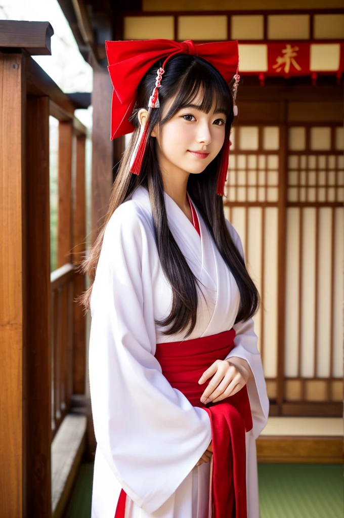 Red hakama, red Japanese style pants, the lower half of the costume is red, Main hall of the shrine, Shrine maiden, ((full body)), ((photo)), ((best qualtiy, 8K, tmasterpiece: 1.3)), Focus: 1.2, perfect figure beautiful girl: 1.4, 1girl, cowboy shot, look at viewer, incredibly absurd, beautiful and cute girl with a photorealistic face, showcasing top-quality craftsmanship, Japanese girl sweeping the garden at the shrine, 17 years old, Her hair is half-up with smooth curls, glossy jet black long hair, Gentle features, Big deep brown eyes, Small face, Fair skin, Translucent, Smooth and silky skin, Natural eyebrow shape, Thin lips, Soft smile,, delicate, Well-balanced proportions, B cup small breasts, Simple and elegant shrine maiden costume, White robe and red hakama,, Beautiful girl, Clean, Healing, Moe, Elegant manners, Kind, Tolerant, Humble, Sincere, Deep faith, January