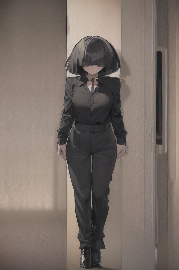 (((((shy girl))))), ((((shy posture)))), (((hands behind back))), (((((1 girl))))), (((standing up straight))), (((full body drawing))), ((((flat chested)))), ((amber-colored irises on her eyes)), ((((Mikoto Urabe Mysterious Girlfriend X anime style haircut)))), ((((((((hair bangs over eyes)))))))), ((((eyes behind hair)))), (((black short messy bob-cut))), ((((((eyes not visible due to being covered by hair bangs)))))), ((((eyes not visible due to be hidden by hair bangs)))), ((((black high-waist long slacks)))), ((black suspenders)), (((black tie))), (((women's dress shirt))), ((women's dress shoes)), (((20-year-old Office Lady))), ((((Office Setting)))).