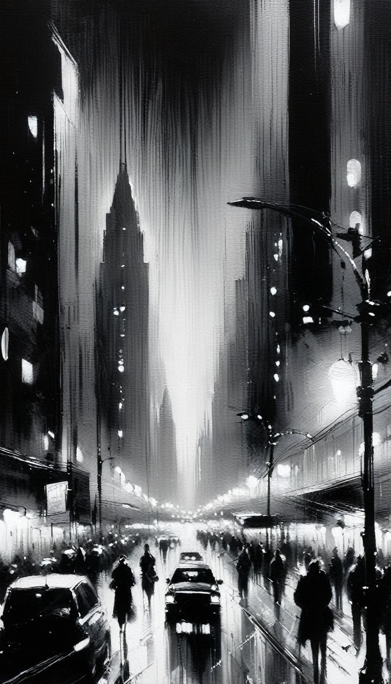 the bustling city, black and white image, night (art inspired by Bill Sienkiewicz). oil painting, details of brush strokes that enhance depth)
