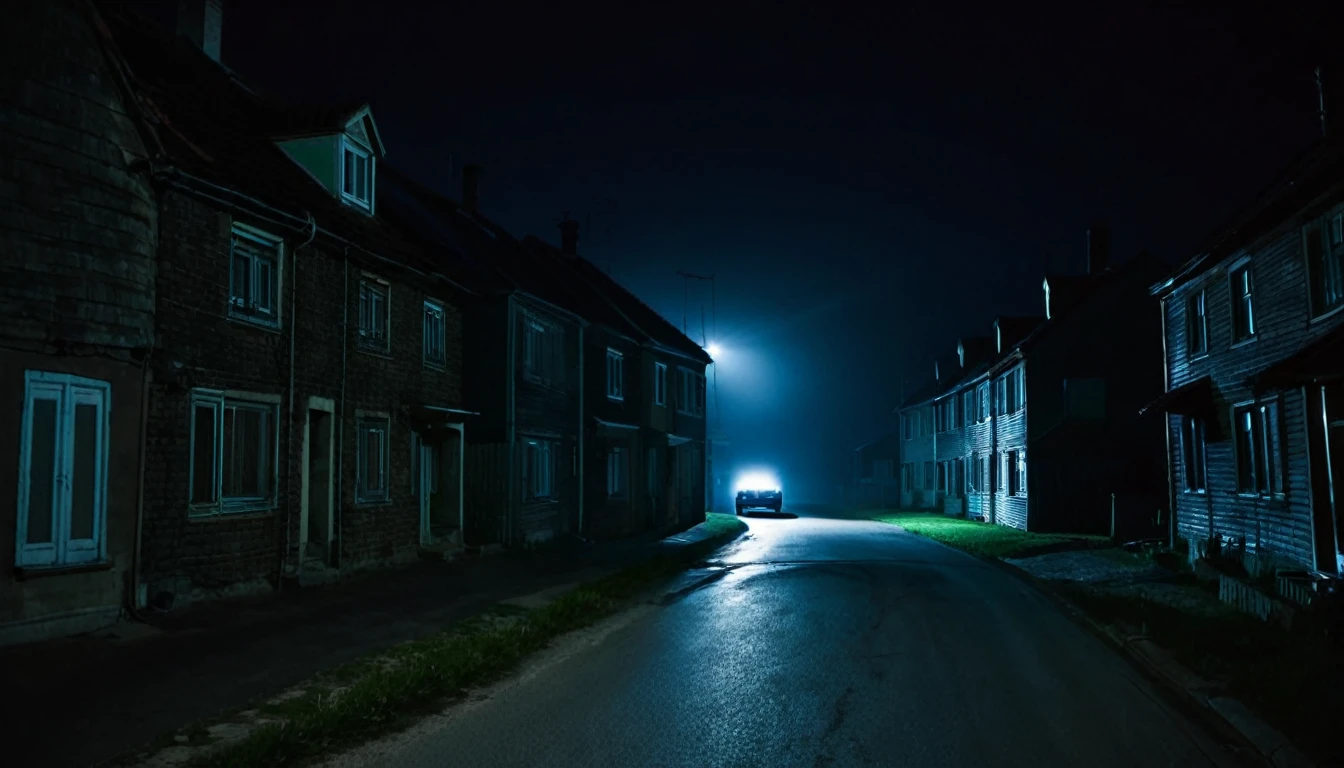 sinister street, dark night, several houses, lonely car with headlights on, man with his back to the camera approaches the car