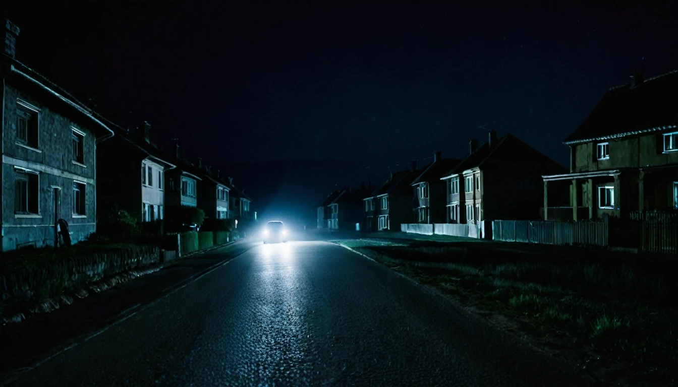sinister street, dark night, several houses, lonely car with headlights on, man with his back to the camera approaches the car