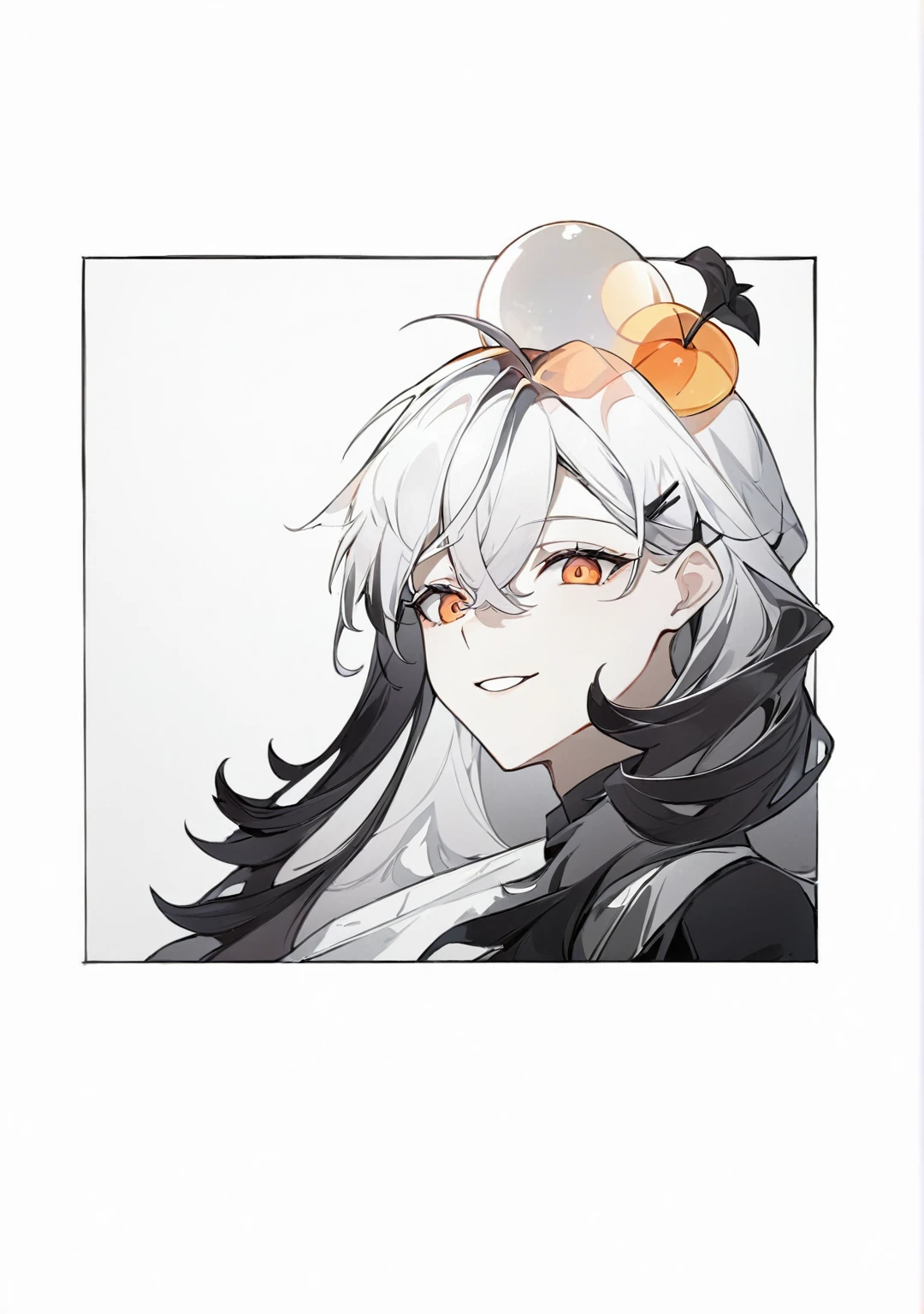 The Minimalists，pretty girl，There is a pair of balls on the head of black long haireworks in the dark background，Bohemian style，Clear lashes，Bright orange eyes，Clean通透的眼珠，Close shot，Man tilts his head towards the camera，Smile flat illustration，geometry，Clean，miHoYo comic illustration