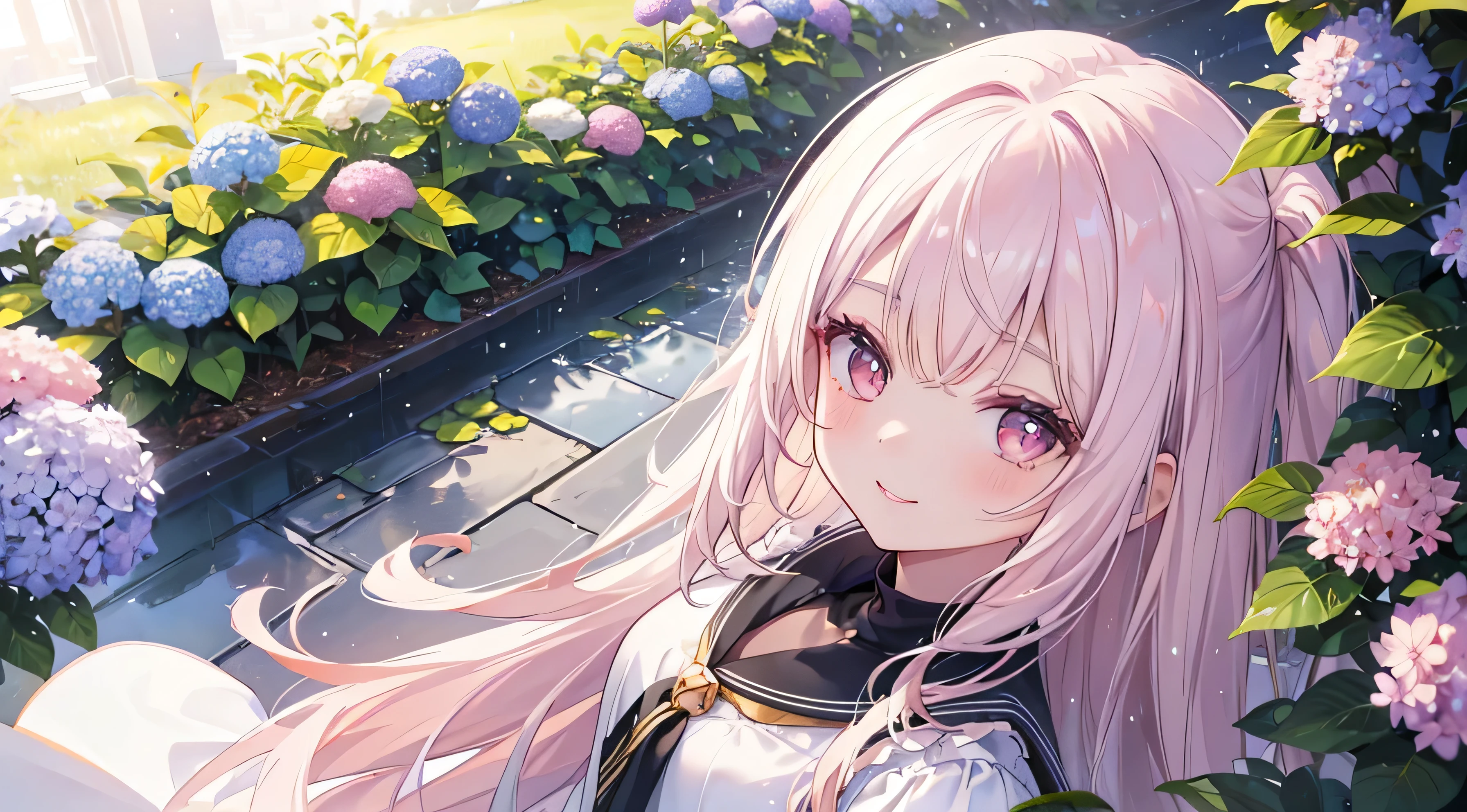 (((Highest quality、masterpiece、Ultra-fine、Ultra-fine、Exquisite、16k、Full HD,high school girl,))) 、Black Hair,((Looking up), (((Looking up)))) 、((Soft sunlight、((sunny)) )),Hydrangea flowers blooming in the rain、Dark Eyes、Long eyelashes、White skin、(Pale pink lips、Pale pink cheeks、thin and long)、 ((cute)) ((one person)) 、((The best smile)) 、