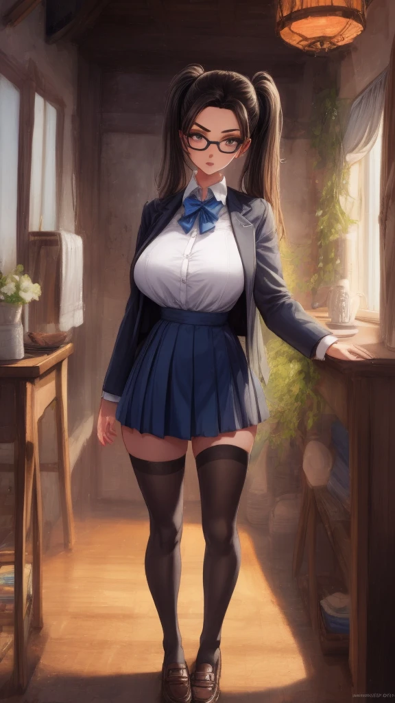 anime female character in school uniform, with short skirt, 
BREAK
, nakamuramisaki, twin tail, Glasses, black hair, (Beautiful,Huge_Breasts:1.3), milf,
BREAK
, 1girl, solo, Standing in the garden, full body, full figure,
BREAK
, Beautifully detailed illustration of a cozy and meticulously decorated school classroom with warm lighting, vibrant colors, and an inviting atmosphere.
BREAK
, , thigh-highs, Blazer (Blazer), bow, , bowtie, shoes, loafers, ribbon,
BREAK
, beautiful detailed eyes, beautiful detailed lips, extremely detailed eyes and face, long eyelashes,
BREAK
, medium: oil painting, atmospheric lighting, dreamy color palette, detailed interior decoration, quiet and peaceful ambiance,
BREAK
, (best quality,4k,8k,highres,masterpiece:1.2), ultra-detailed,