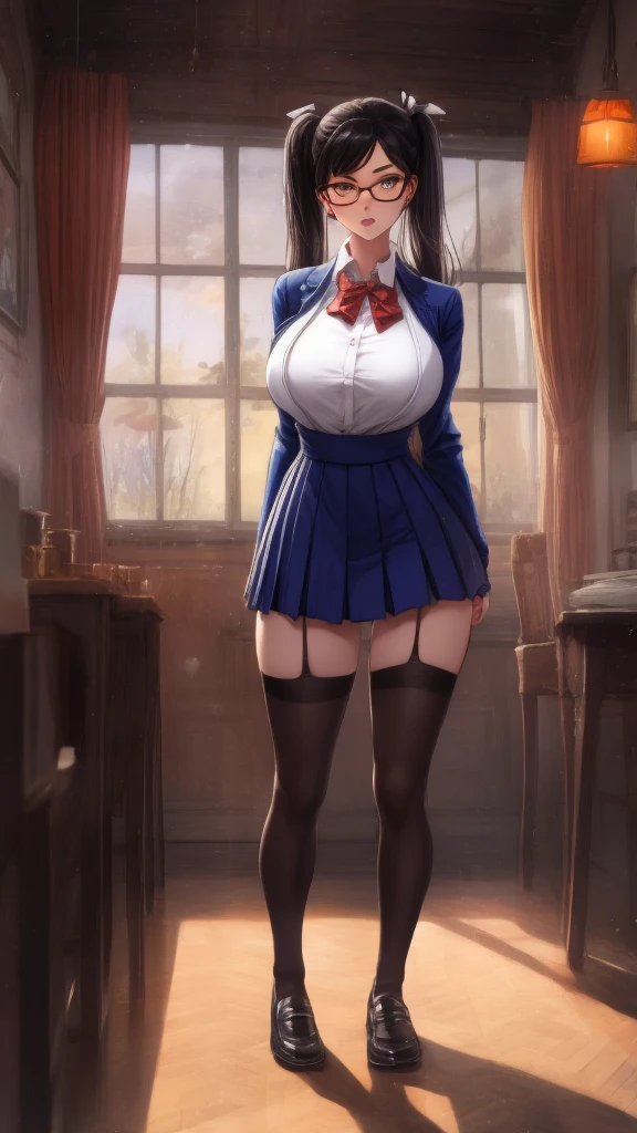 anime female character in school uniform, with short skirt, 
BREAK
, nakamuramisaki, twin tail, Glasses, black hair, (Beautiful,Huge_Breasts:1.3), milf,
BREAK
, 1girl, solo, Standing in the garden, full body, full figure,
BREAK
, Beautifully detailed illustration of a cozy and meticulously decorated school classroom with warm lighting, vibrant colors, and an inviting atmosphere.
BREAK
, , thigh-highs, Blazer (Blazer), bow, , bowtie, shoes, loafers, ribbon,
BREAK
, beautiful detailed eyes, beautiful detailed lips, extremely detailed eyes and face, long eyelashes,
BREAK
, medium: oil painting, atmospheric lighting, dreamy color palette, detailed interior decoration, quiet and peaceful ambiance,
BREAK
, (best quality,4k,8k,highres,masterpiece:1.2), ultra-detailed,