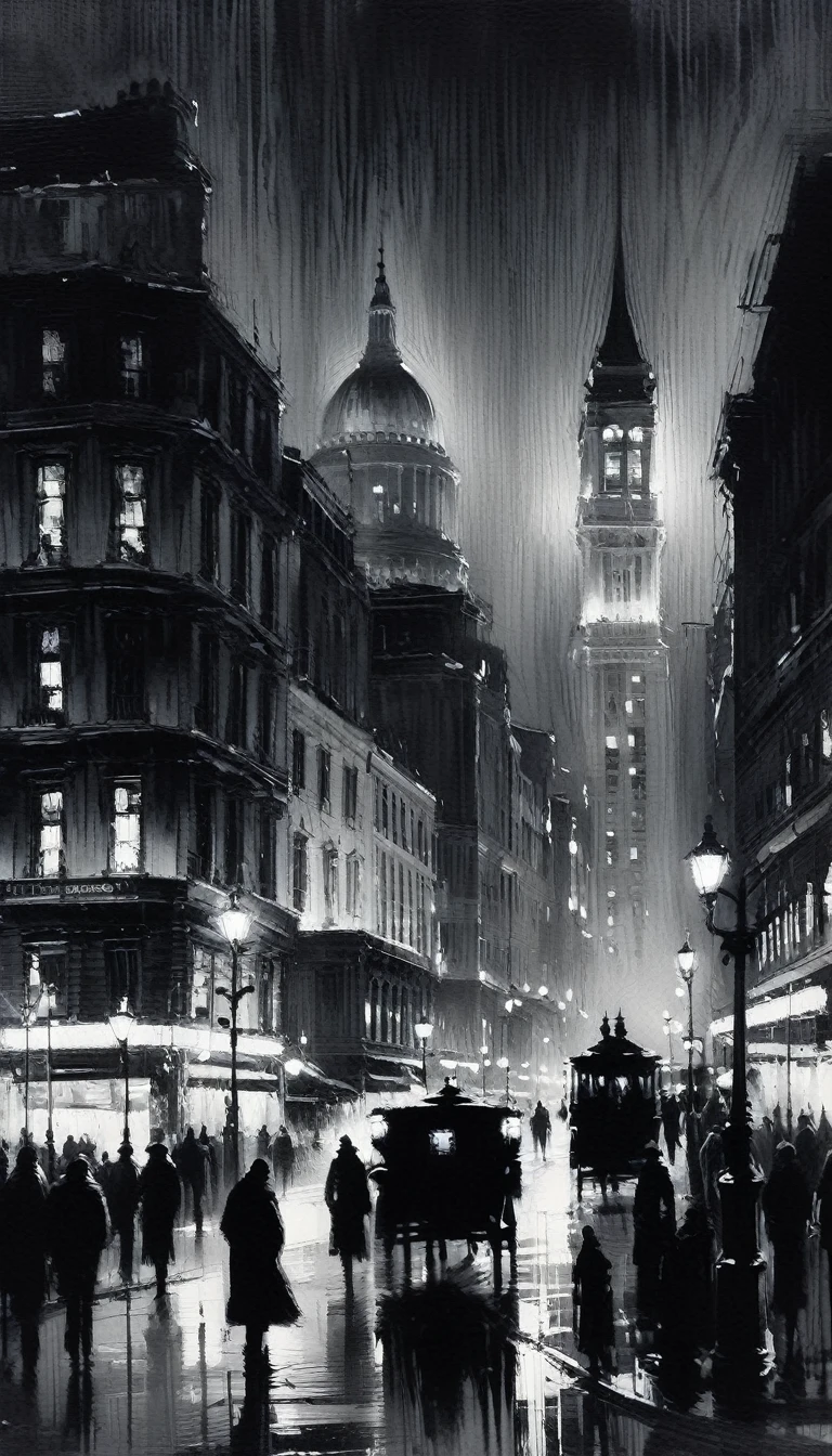 the bustling city, black and white image, night (art inspired by Bill Sienkiewicz). oil painting, details of brush strokes that enhance depth)
