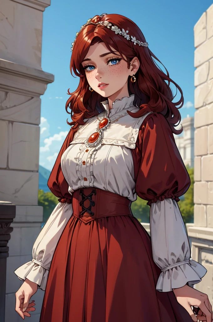 High definition, 4K, HD, 8K, Best Quality, Masterpiece, 1woman, historical early 1900s American outfit, hair ornament, dress, ivory brooch, pearl earrings, medium length hair, brownish red hair, beautiful face solo, beautiful blue eyes, fair skin, some freckles